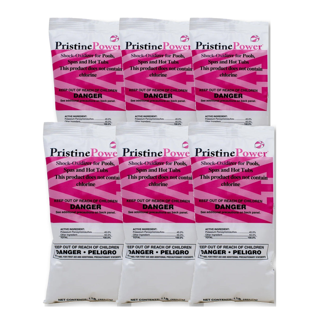 PristinePower non-chlorine shock 6-pack of 1 lb pouches for pools, spas and hot tubs