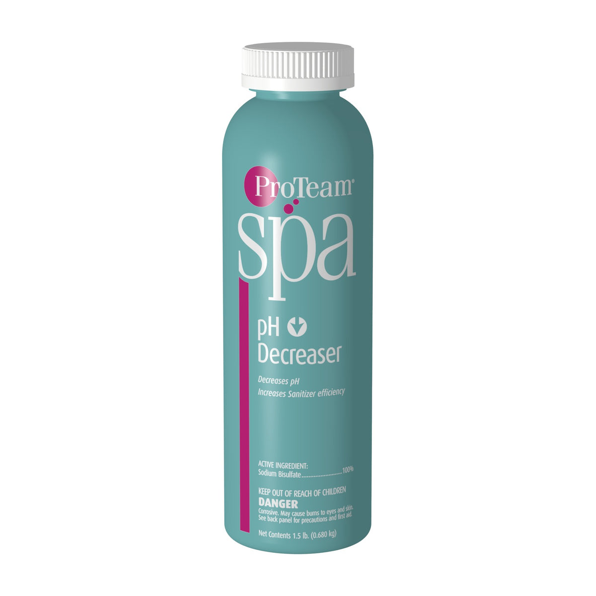 Front of ProTeam Spa pH Decreaser package, 1.5 lb (24 oz), for lowering high pH in spa and hot tub water.