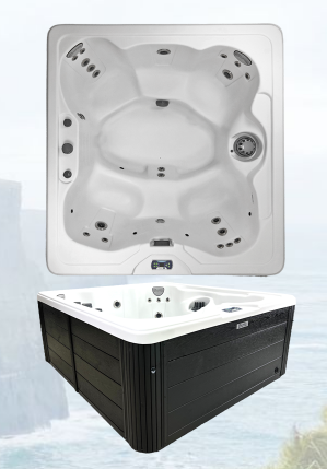 Top-down interior view of the SOLSTICE 122 hot tub showing contoured seating, jets, and control panel.