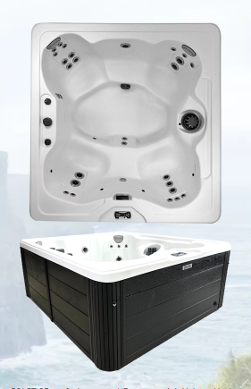 Top-down interior view of the SOLSTICE 128 hot tub showing contoured seating, jets, and control panel.