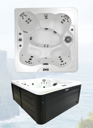 Top-down interior view of the SOLSTICE 240 hot tub showing multi-level seating, jets, and control panel.