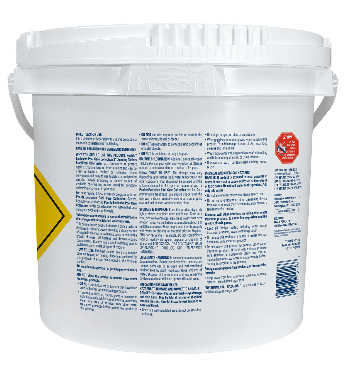 Back label of Poolife 3-Inch Cleaning Tablets, 25 lb, showing directions and product information for pool care.