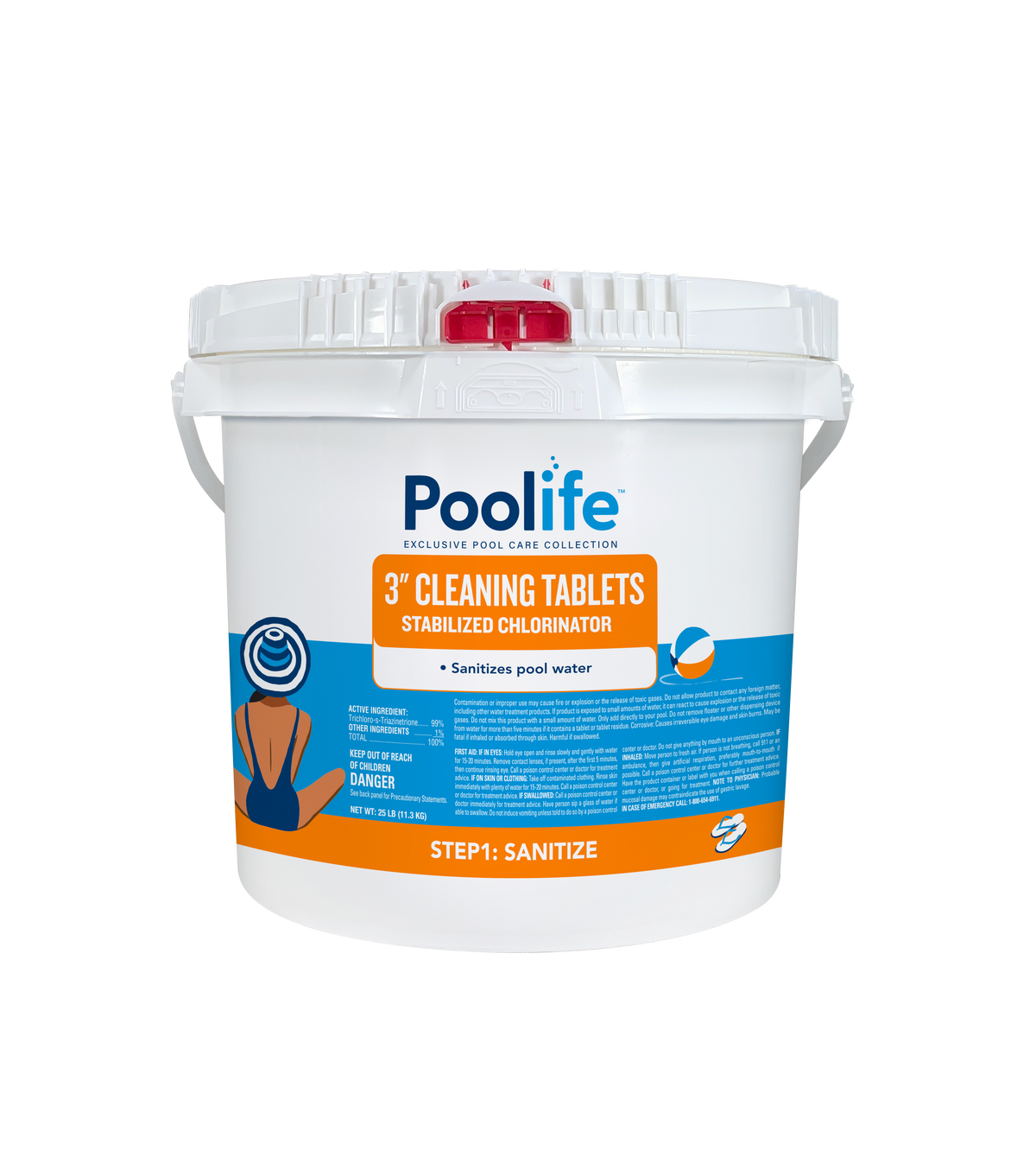 Front of Poolife 3-Inch Cleaning Tablets package, 25 lb, for routine pool sanitizing with slow-dissolving chlorine.