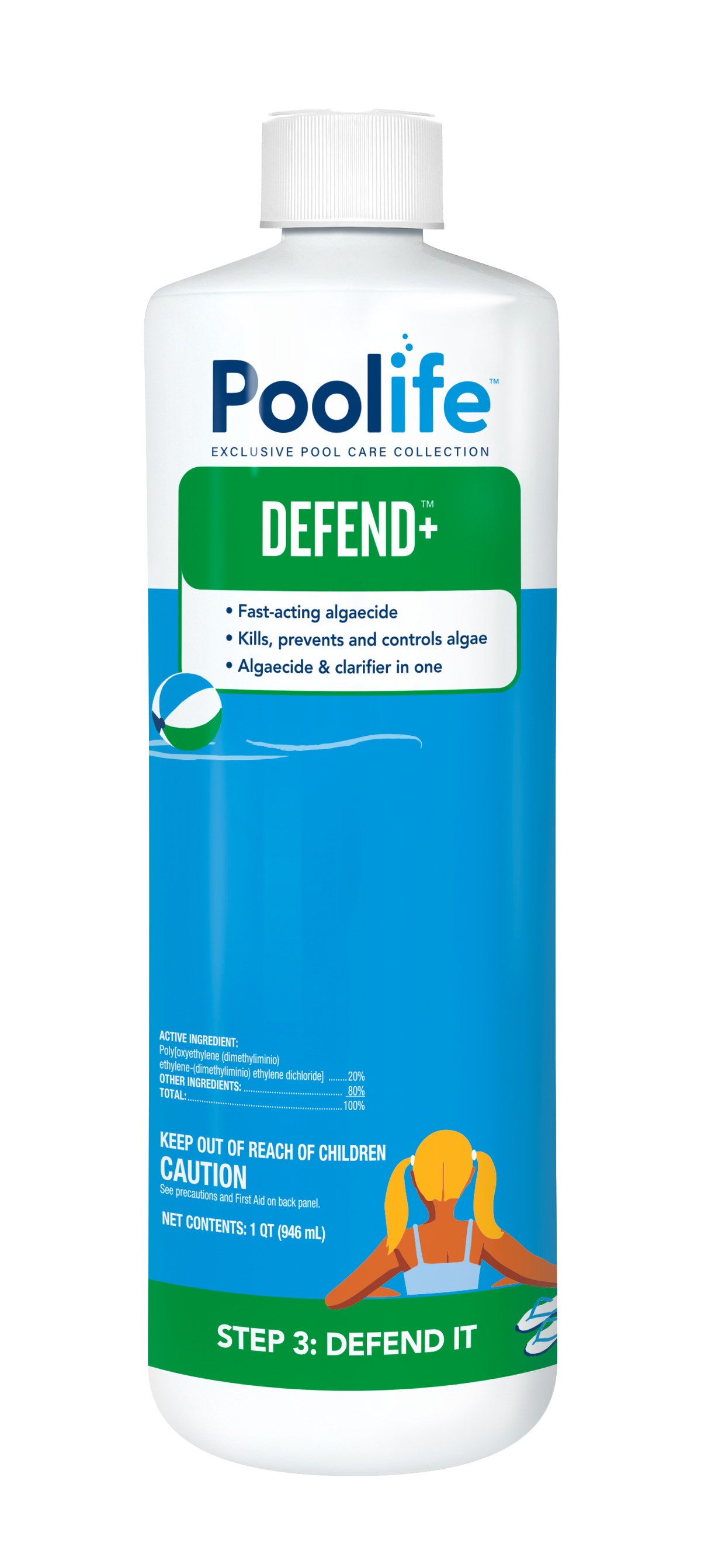 Front of the 1 qt (32 fl oz) Poolife Defend+ Algaecide bottle, labeled for algae control and improved pool water clarity.