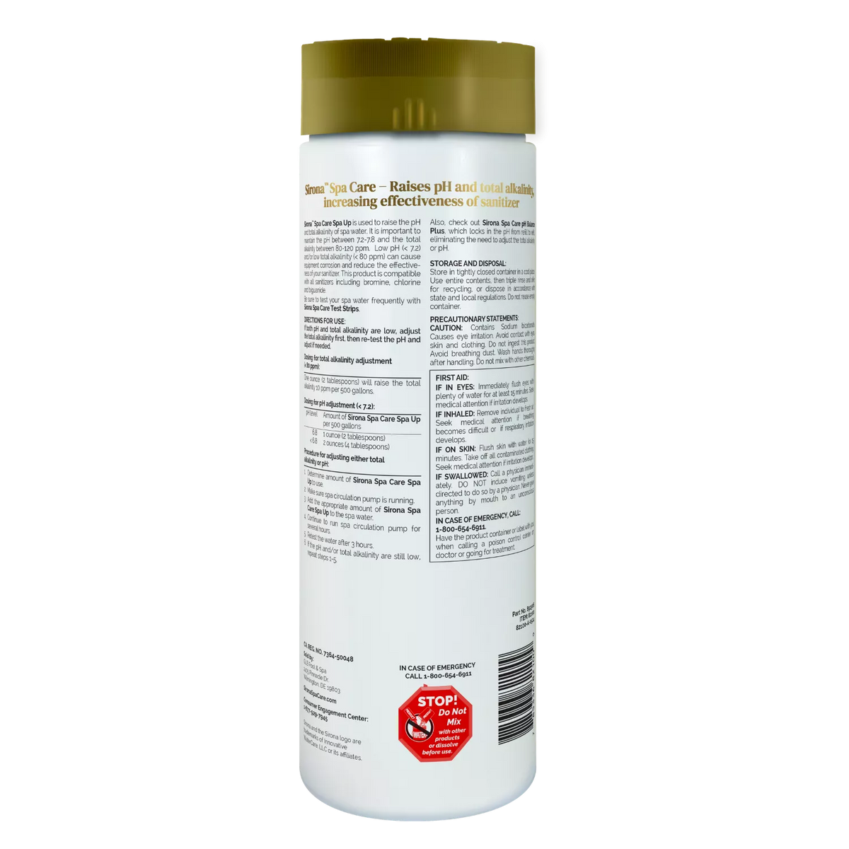 Back label of Sirona Spa Up with dosing directions