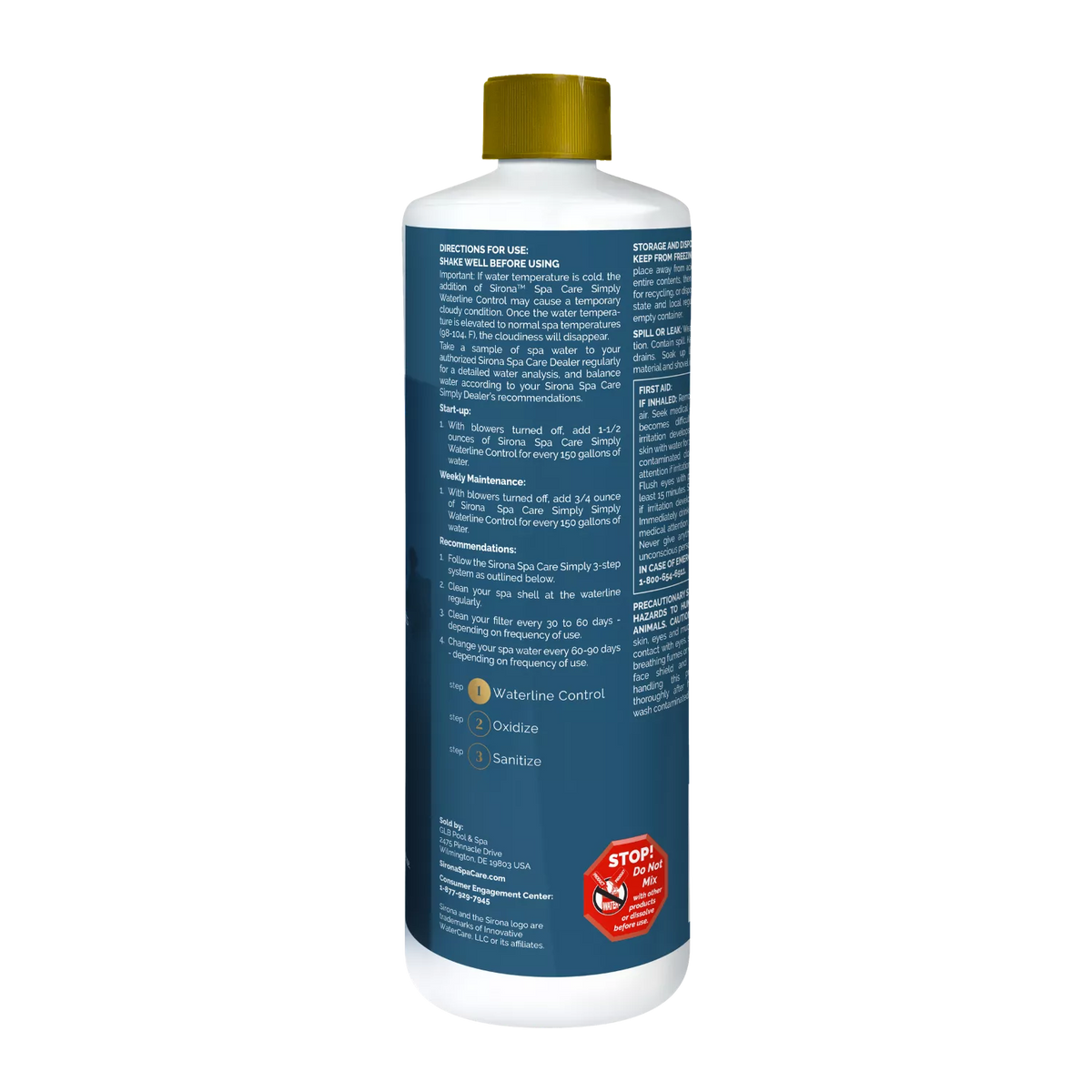 Side label of Sirona Simply Waterline Control with directions