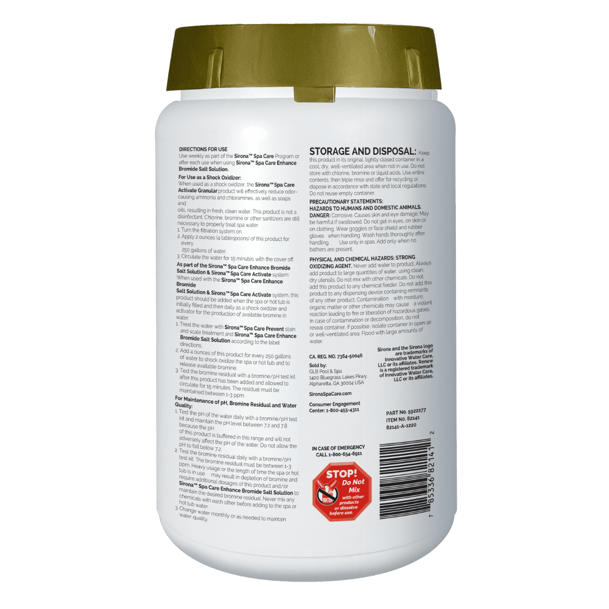Back label of Sirona Activate Granular 5 lb with shock oxidizer directions