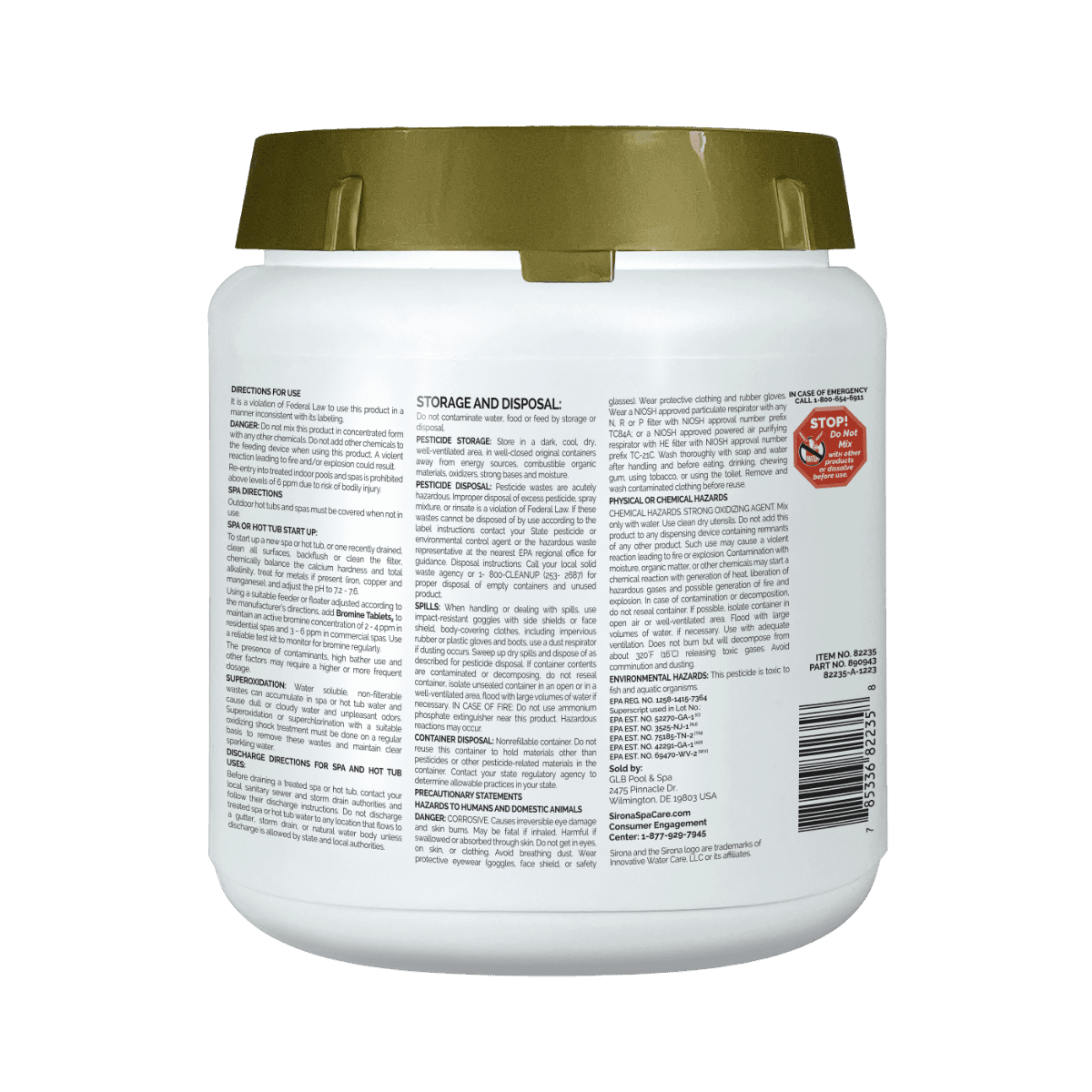 Back label of Sirona Bromine Tablets 2.2 lb with directions and precautions