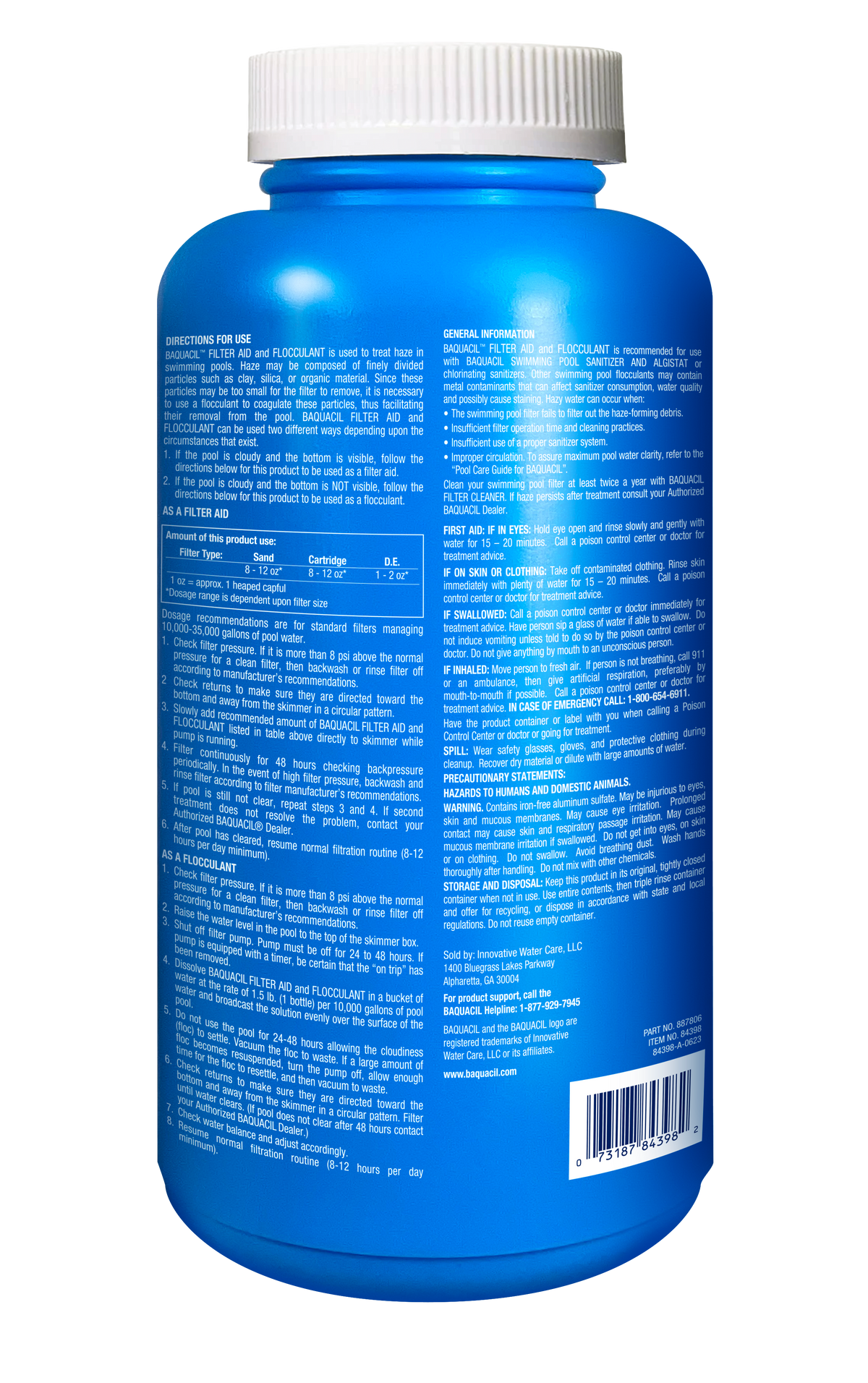 Back label of BAQUACIL Filter Aid and Flocculant with directions and precautions