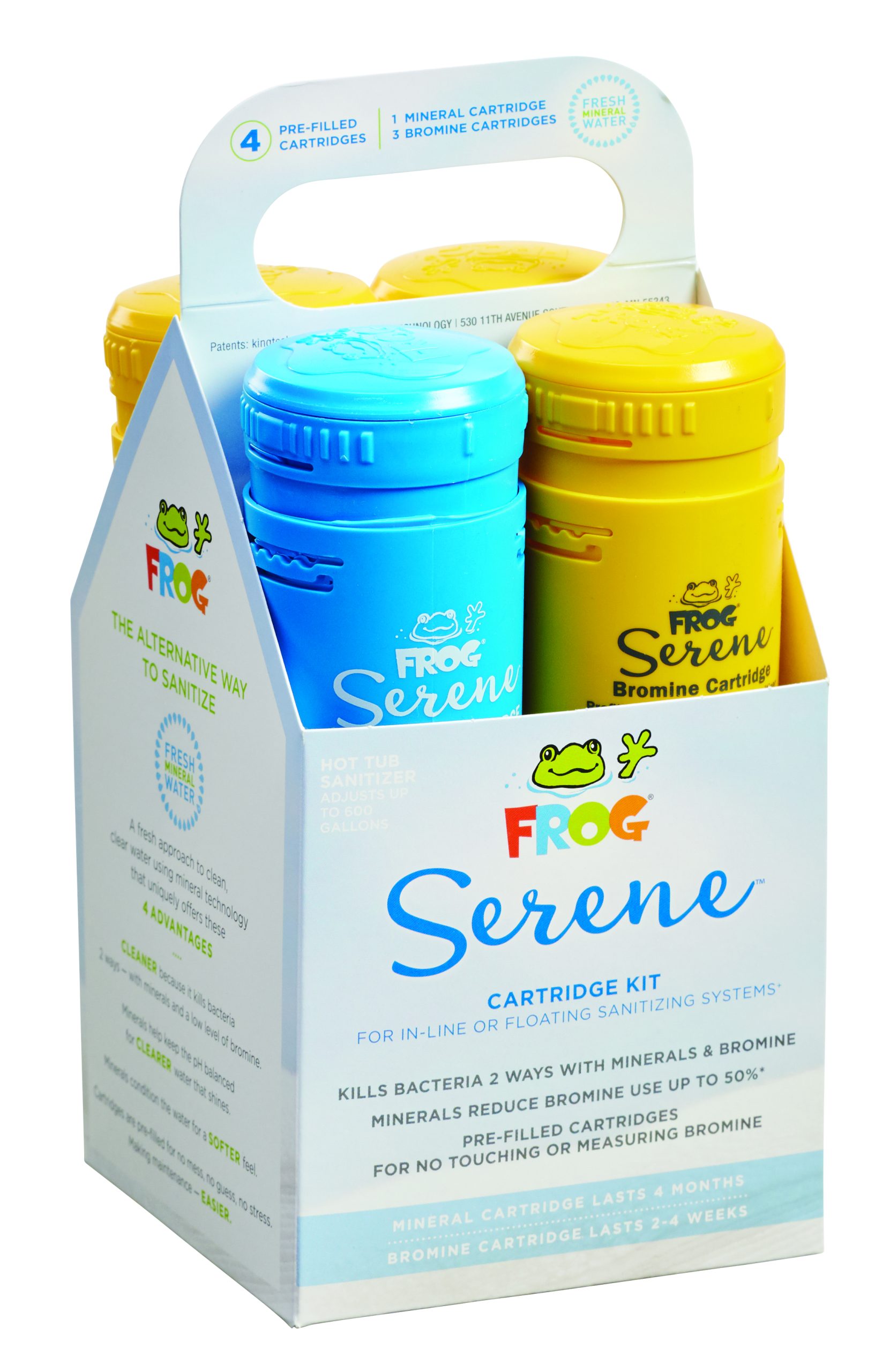 FROG Serene Mineral Replacement Cartridge plus 4 Bromine Cartridges for use with FROG Serene Floating Sanitizing Spa System or Hot Tubs with the FROG Inline Cartridge System