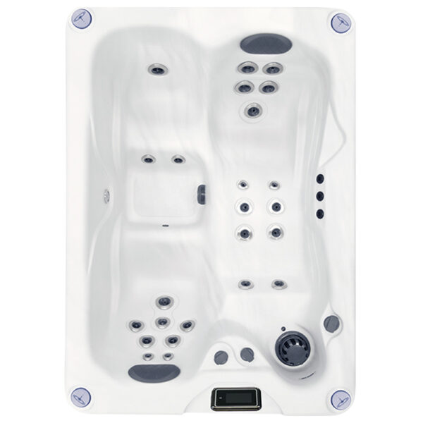 Overhead view of H157L hot tub with dual lounge seating and multiple jets