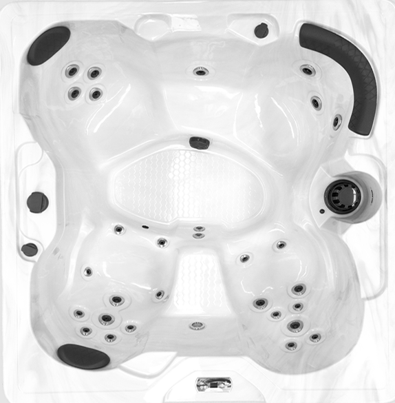 Overhead view of the H167Bpp hot tub highlighting ergonomic seating layout and multiple hydrotherapy jets.