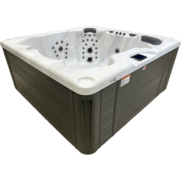 Side view of the Harmonic H277B hot tub showing exterior cabinet panels and ergonomic seating layout.