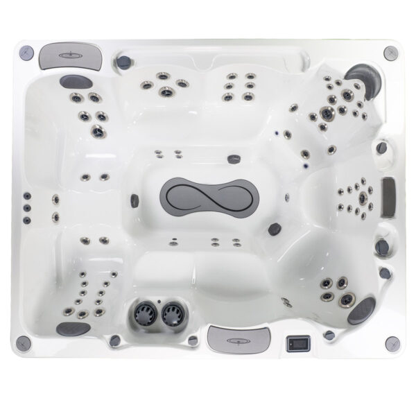 Top-down view of the H2810L hot tub highlighting jet configuration and ergonomic seating