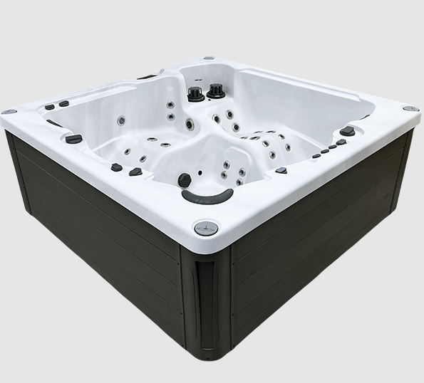 Side view of the Harmonic H288DL hot tub showing dual-lounger layout and exterior cabinet panels.