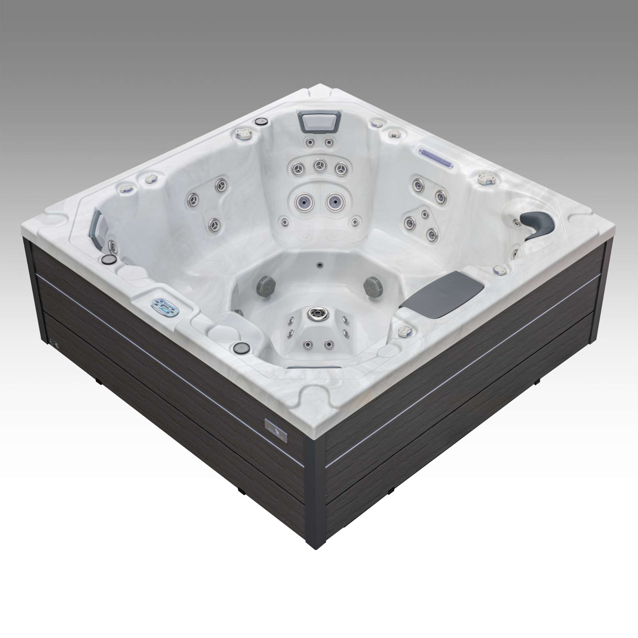 Front seating view of the Oasis hot tub emphasizing jet placement and deep therapy seating.