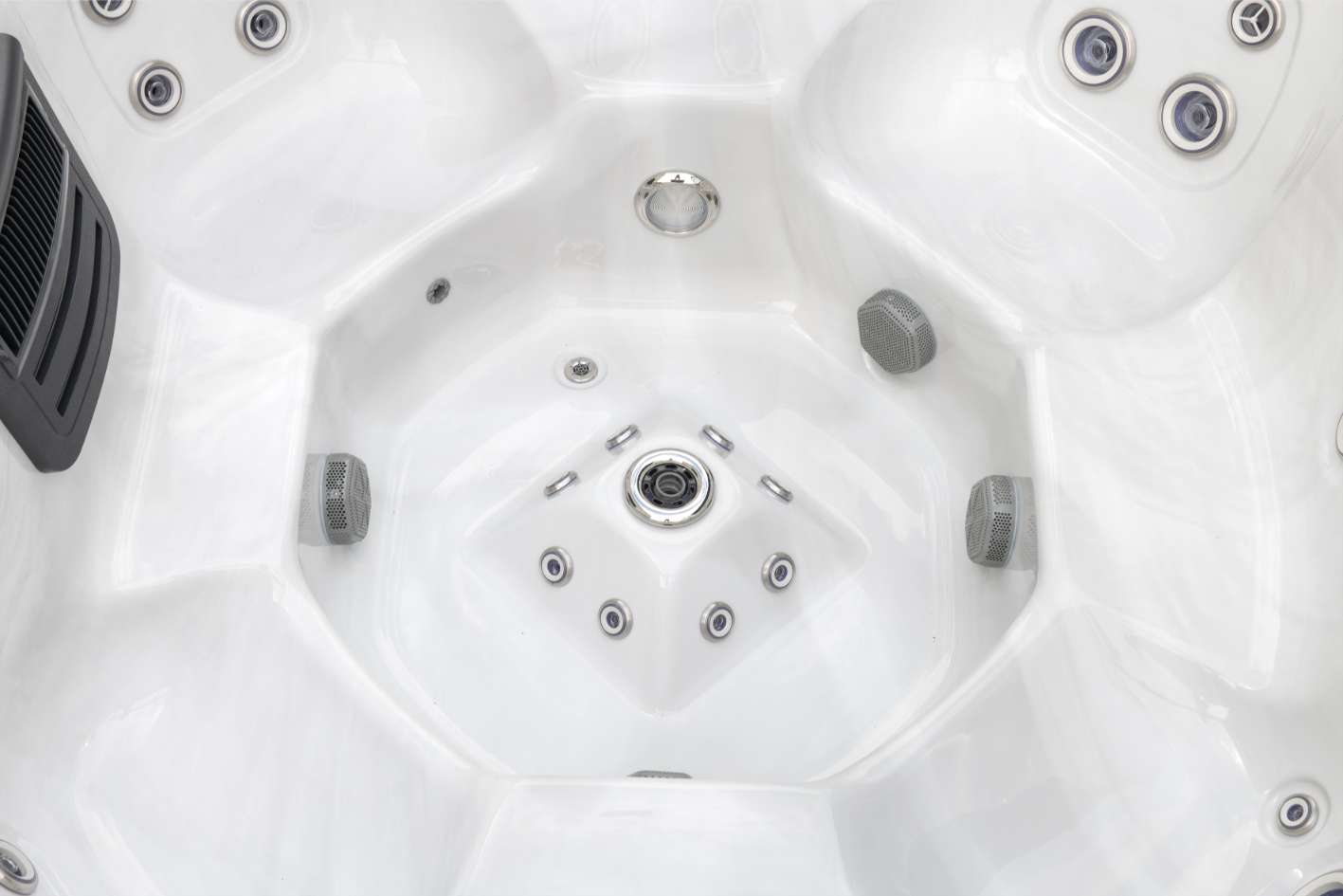 Full view of the Oasis hot tub footwell with dome jets, speaker grilles, and drain ports.
