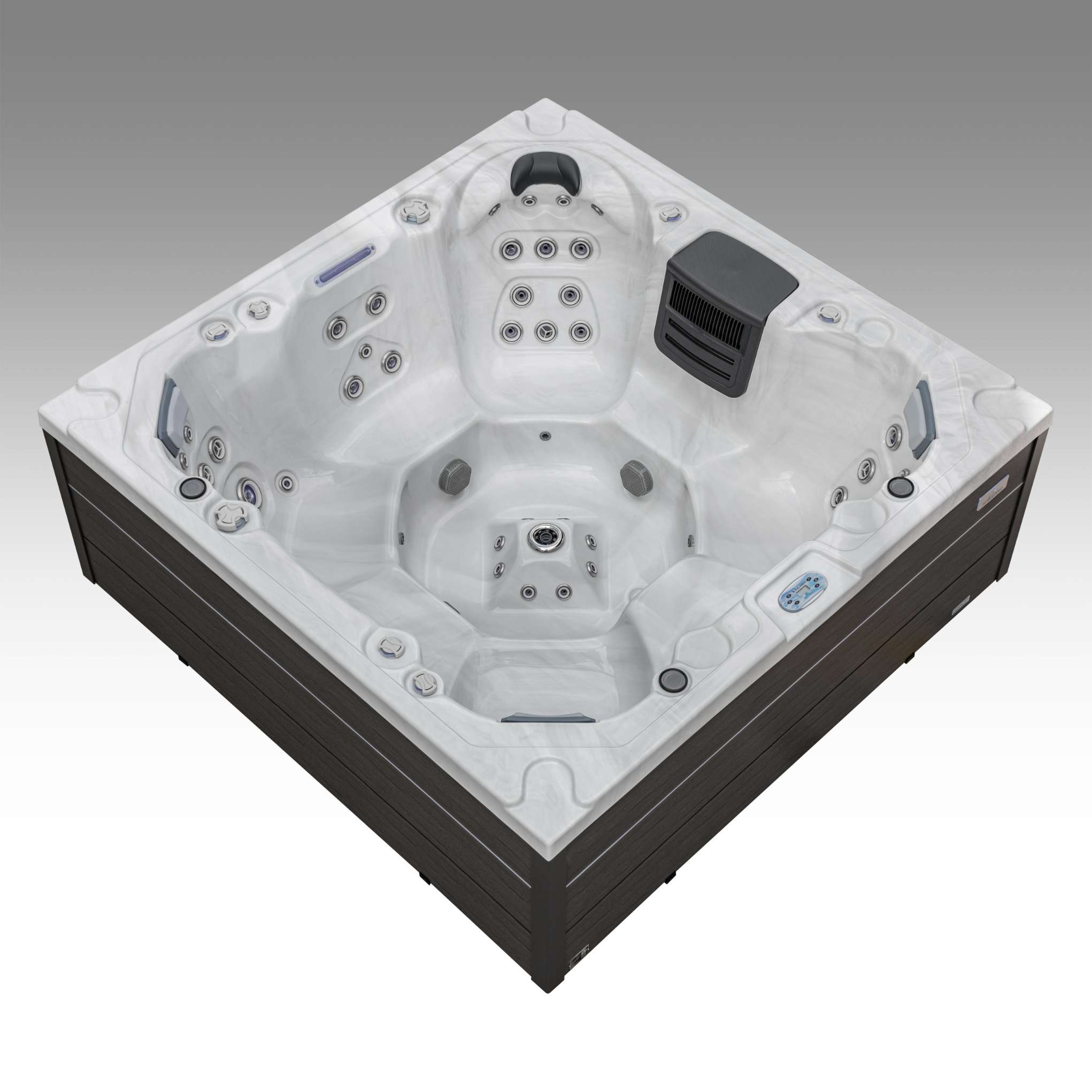 Oasis hot tub shown from an overhead angle with full seating layout and jet configuration.