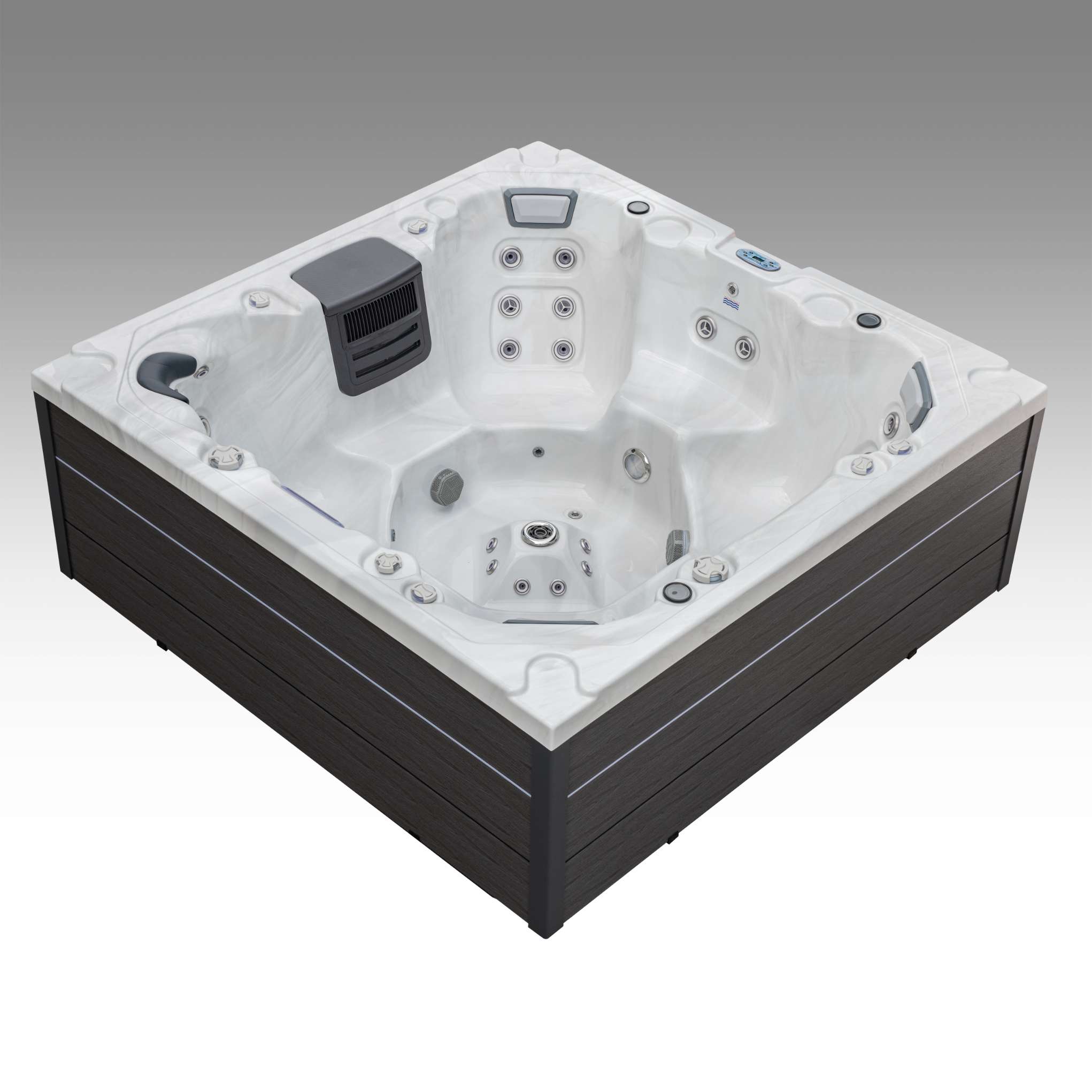 Oasis hot tub angled view showing premium seating contours and hydrotherapy layout.