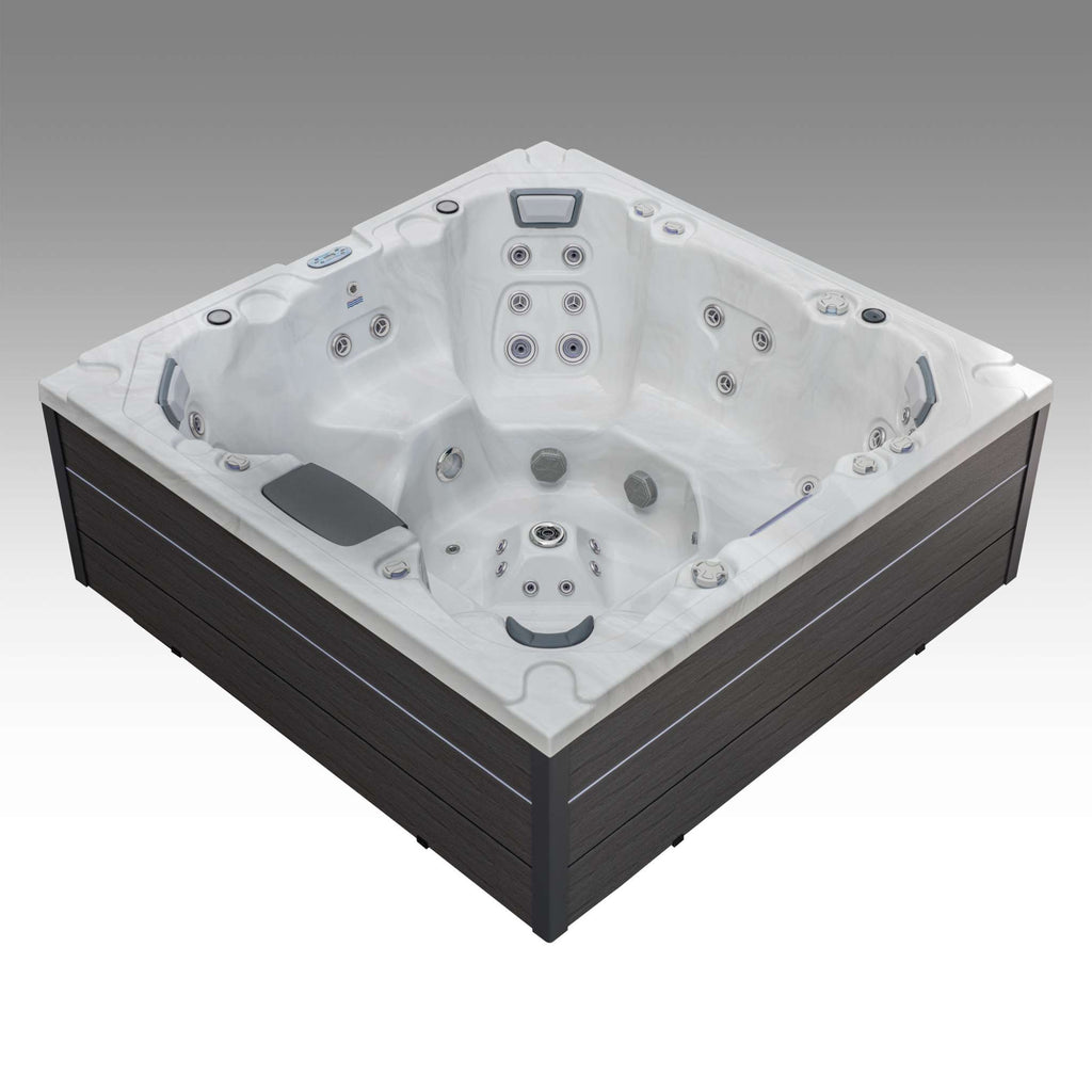 Rear angle of the Oasis hot tub highlighting ergonomic seating and control panel placement.