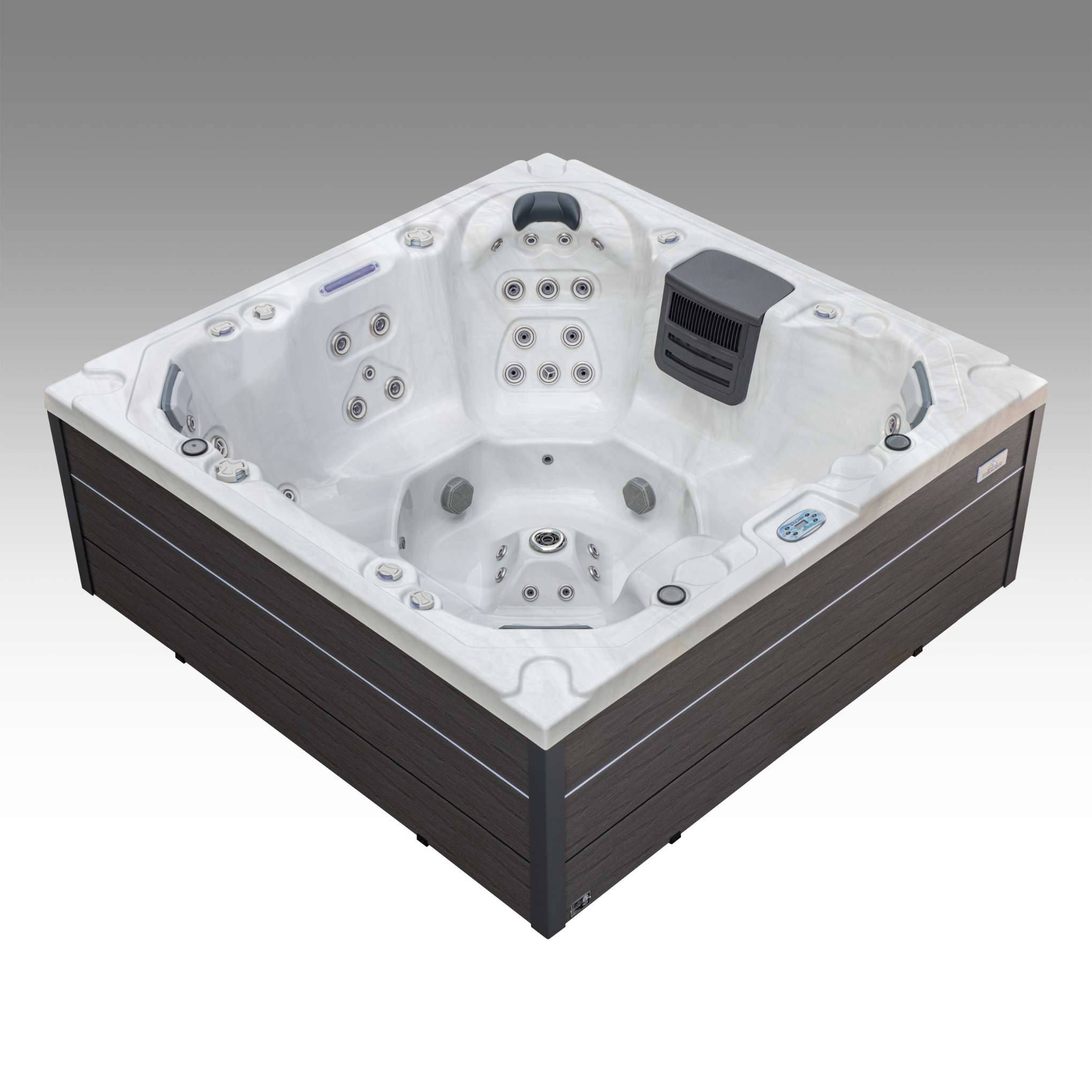 Oasis hot tub three-quarter view featuring multi-level seating and hydrotherapy jets.
