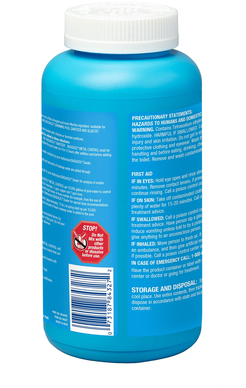 Back label of BAQUACIL Metal Control with dosage and precautions