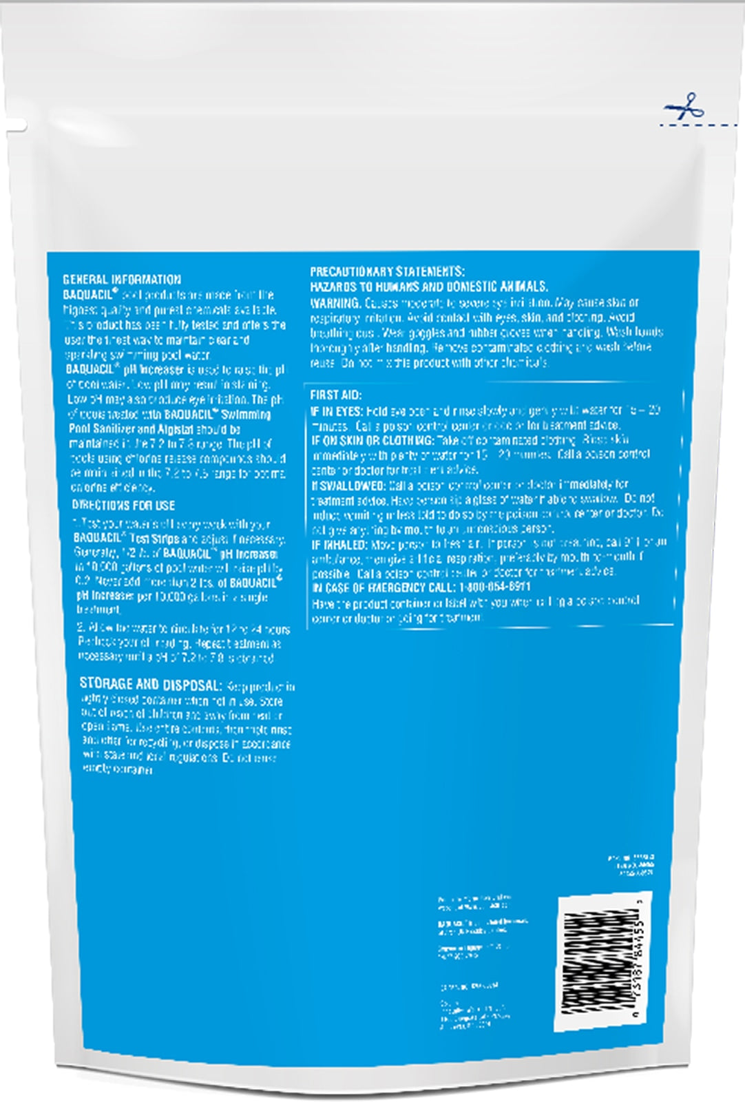 Back label of BAQUACIL pH Increaser 4 lb with directions