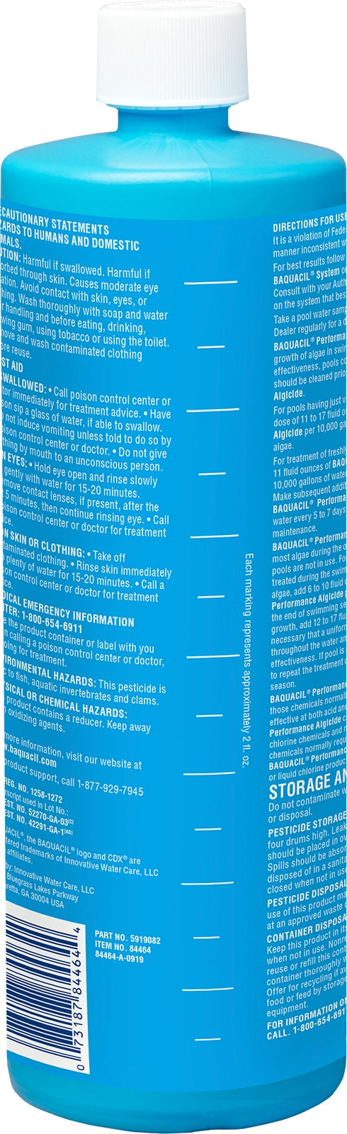 Back label of BAQUACIL Performance Algicide with dosage directions and UPC