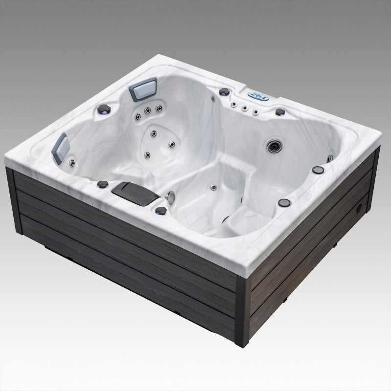 Isometric view of the empty Aurora hot tub showcasing the seating layout and jet placement.