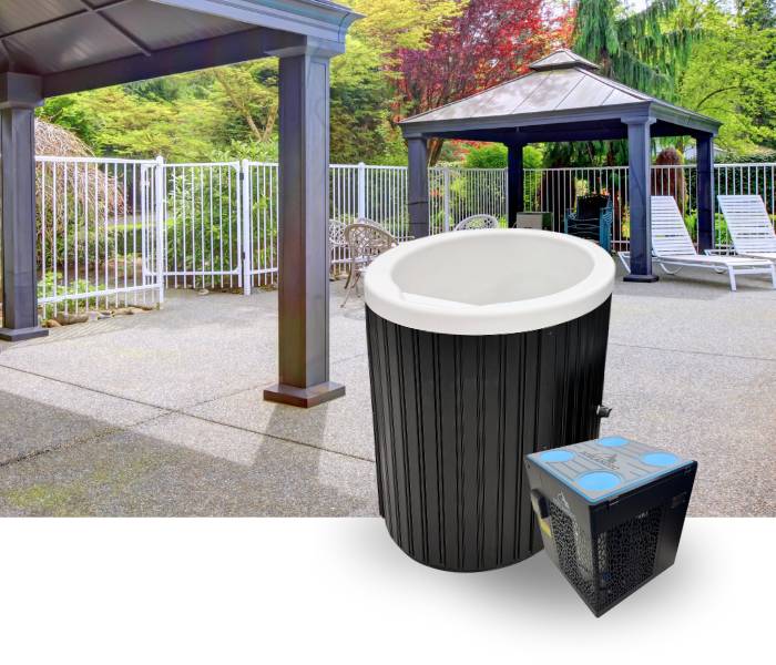 Black plunge tub with matching Icelandic chiller placed outdoors under a covered patio.