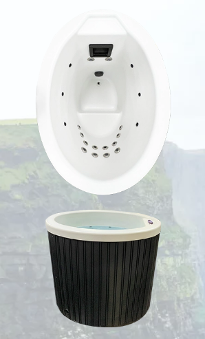 Top-down interior view of the CHARM hot tub showing oval seating design, jets, and control panel.