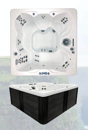 Top-down interior view of the CLOVER 250 hot tub showing multi-level seating, jets, and control panel.