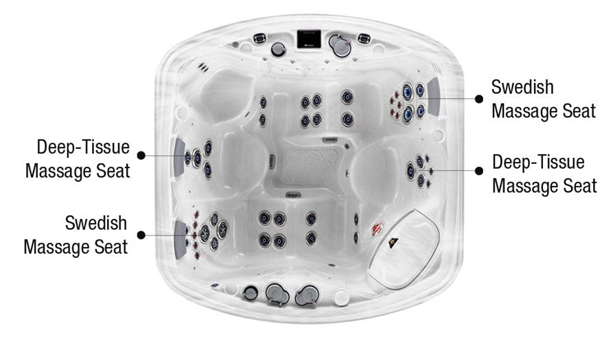 Overhead labeled diagram of the Crown Resort hot tub showing deep-tissue and Swedish massage seating positions.