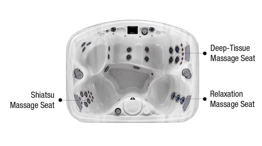 Top-down diagram of the Marquis Crown Spirit hot tub with labeled Shiatsu, Deep-Tissue, and Relaxation massage seats.