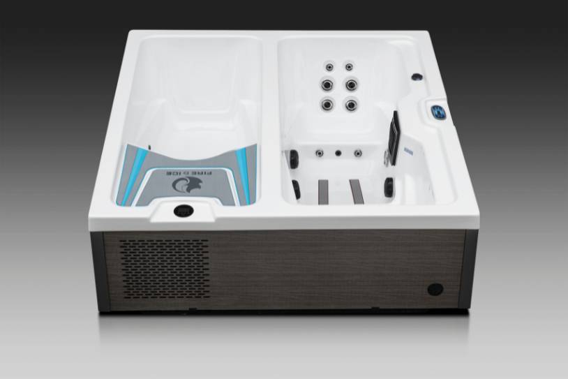 Rear view of Fire & Ice dual-zone plunge and spa tub with intake vents and clean basin layout.