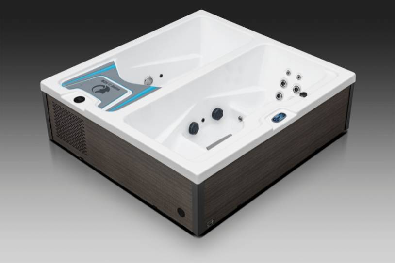 Back-angle view of Fire & Ice tub showing jet placement and cold plunge controls.