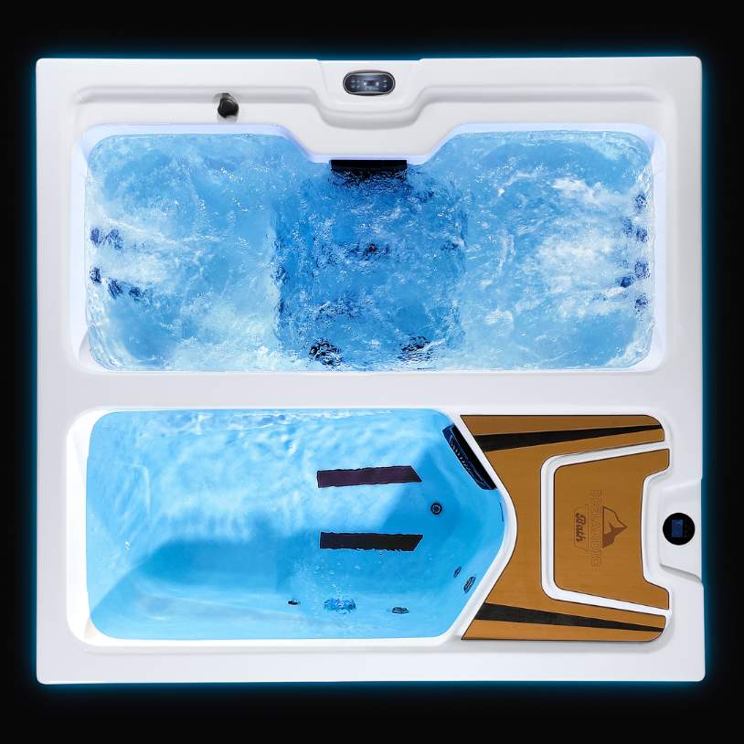Overhead view of Fire & Ice therapy tub with both zones illuminated in bright blue.