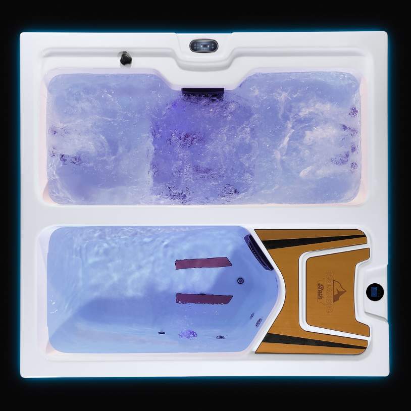 Fire & Ice therapy tub with purple LED lighting and active hydrotherapy jets.