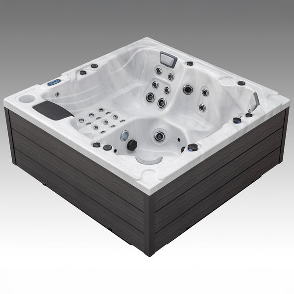 Corner perspective of the Fjord hot tub showing lounge seating and upper jet placements.