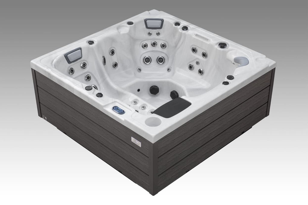 Isometric top-side view of the Fjord hot tub featuring contoured seats and jet zones.