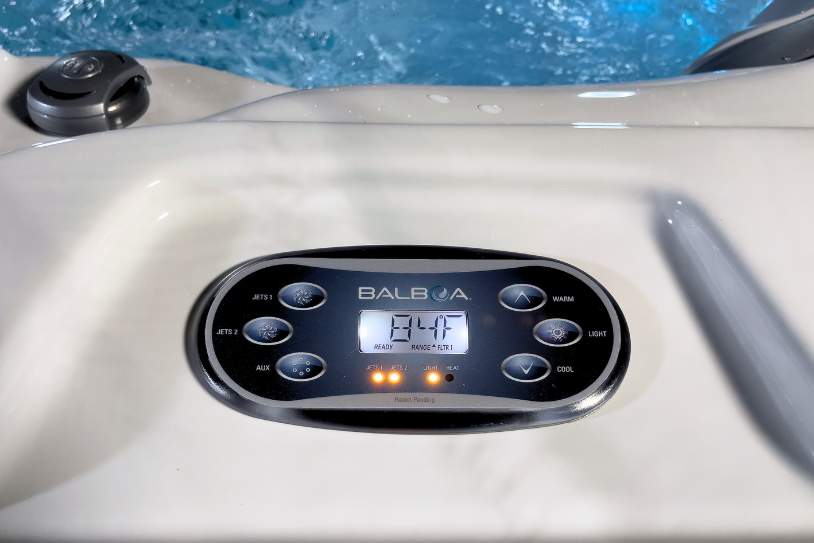 Control panel of the Fossa-3B swim spa showing Balboa digital temperature and jet controls.