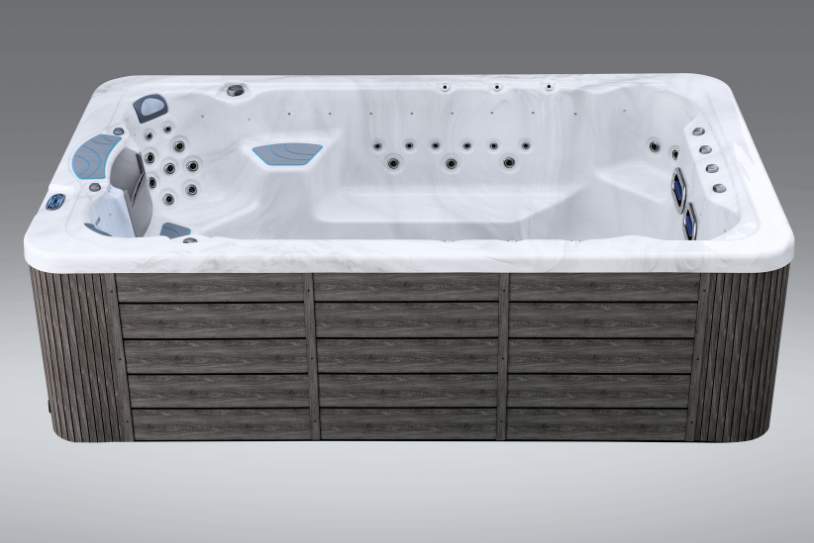Opposite side profile of the Fossa 3B spa showing dual swim jets and ergonomic seating.