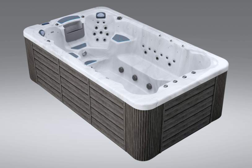 Rear angle of the Fossa 3B highlighting hydrotherapy seats, steps, and exterior cabinet.