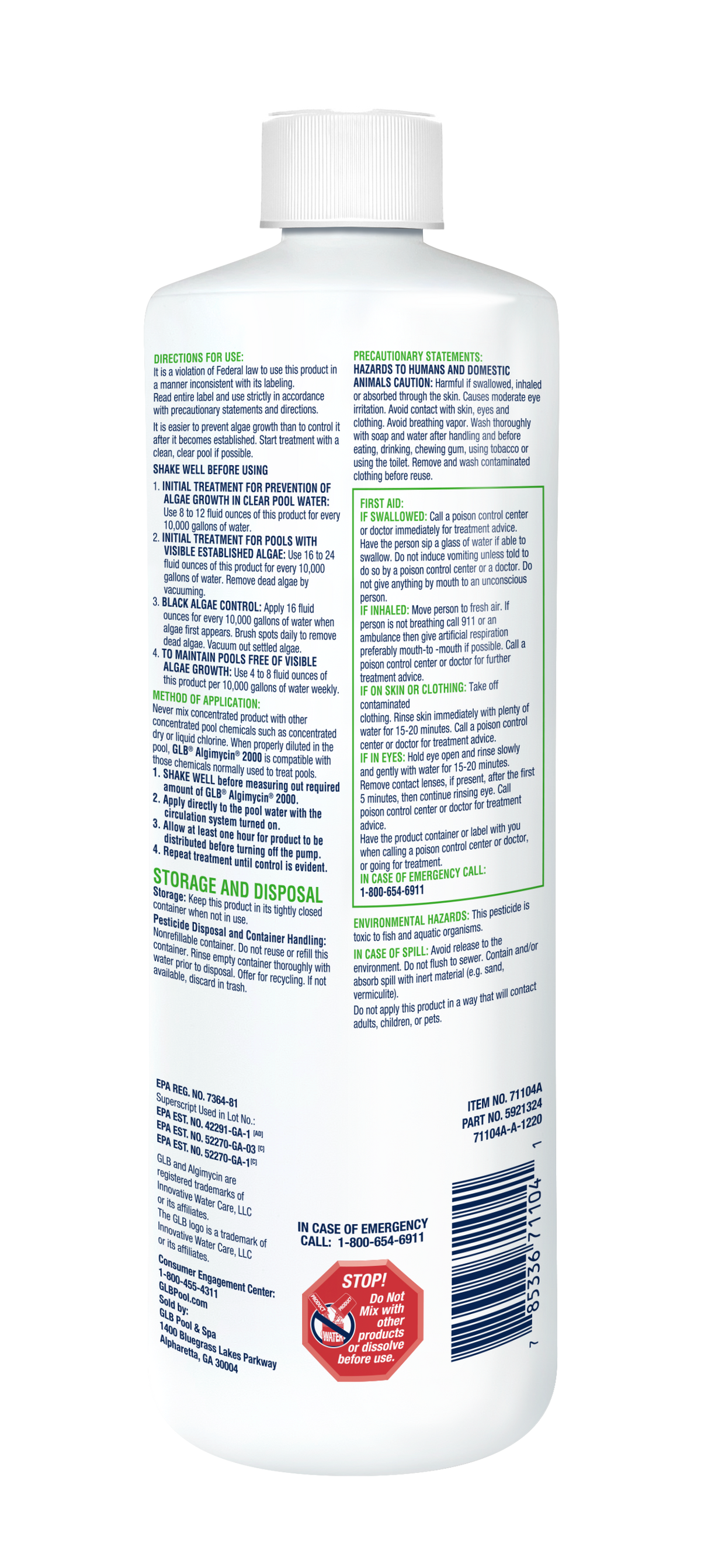 Back label of GLB Algimycin 2000 with pool algae treatment directions, dosage guidance, and safety precautions for 1 qt.