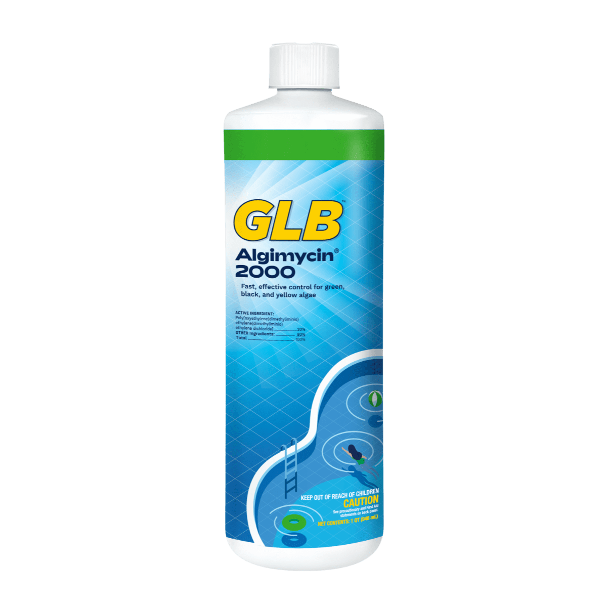Front label of GLB Algimycin 2000 algaecide, showing the product name and 1 qt container.