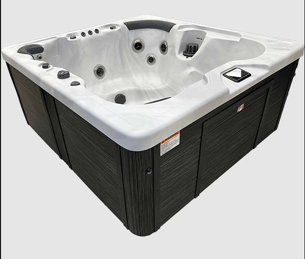 H167Bpp hot tub exterior with white acrylic shell and dark wood-look cabinet panels