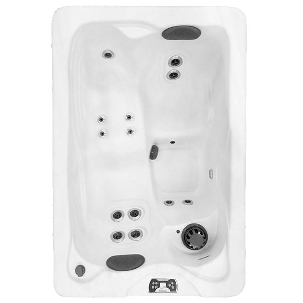 Overhead view of the Harmonic H146Lpp hot tub showing lounger seating, jets, and control panel.