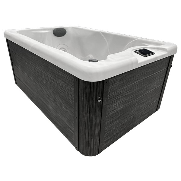 Side view of the Harmonic H146Lpp hot tub showcasing dark wood-look cabinet panels and white acrylic shell.
