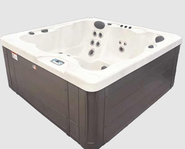 H166L hot tub shown from corner angle with white acrylic shell and gray exterior cabinet