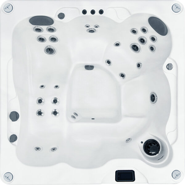 Overhead view of the H166L hot tub showing seat layout, jet placement, and control panel